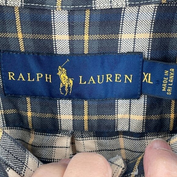 Ralph Lauren Blue Label Men's Tan Navy Plaid Cotton Button Down Casual Shirt XL - Picture 3 of 4